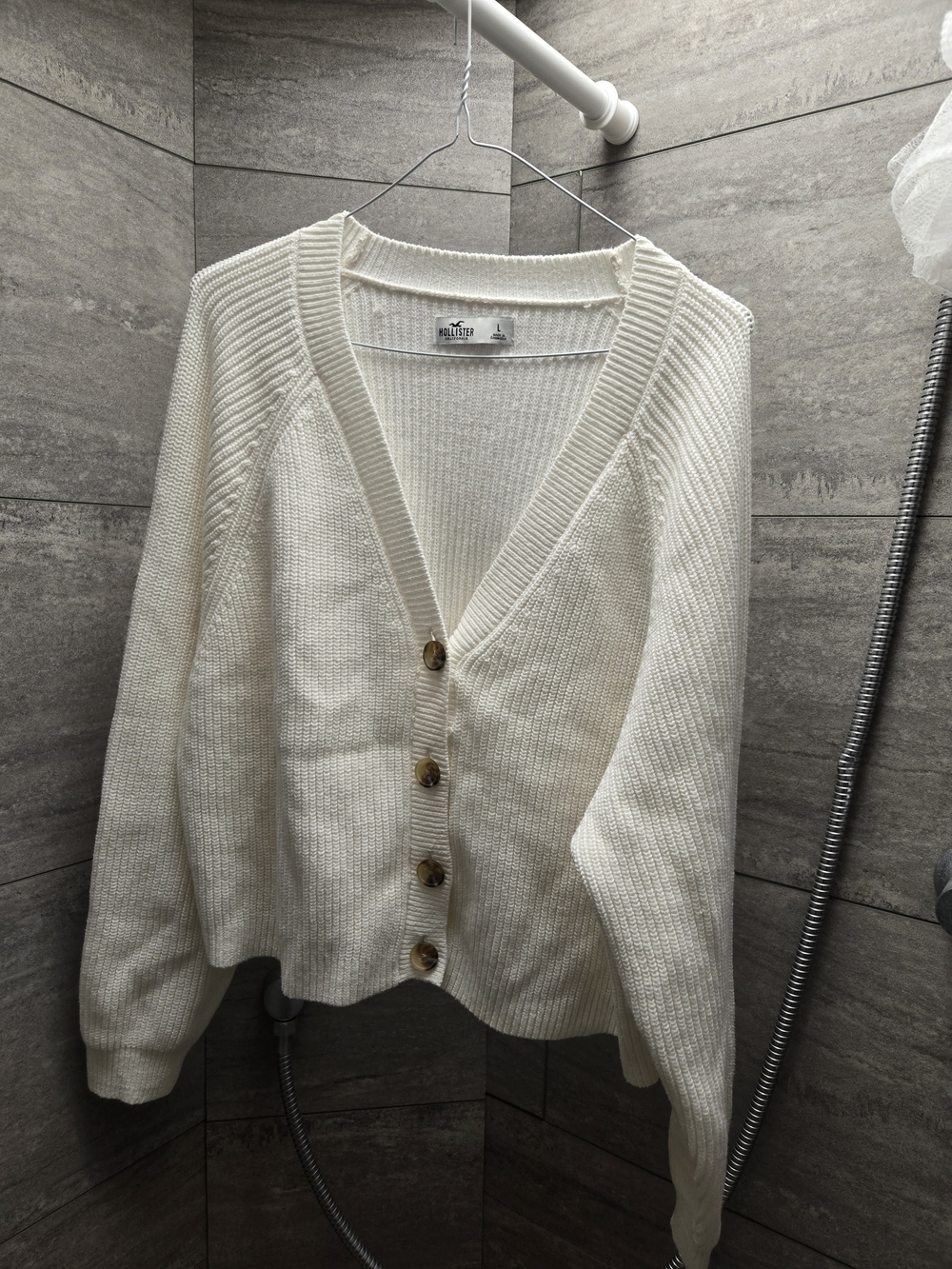 Hollister Cream Ribbed V-Neck Button Cardigan